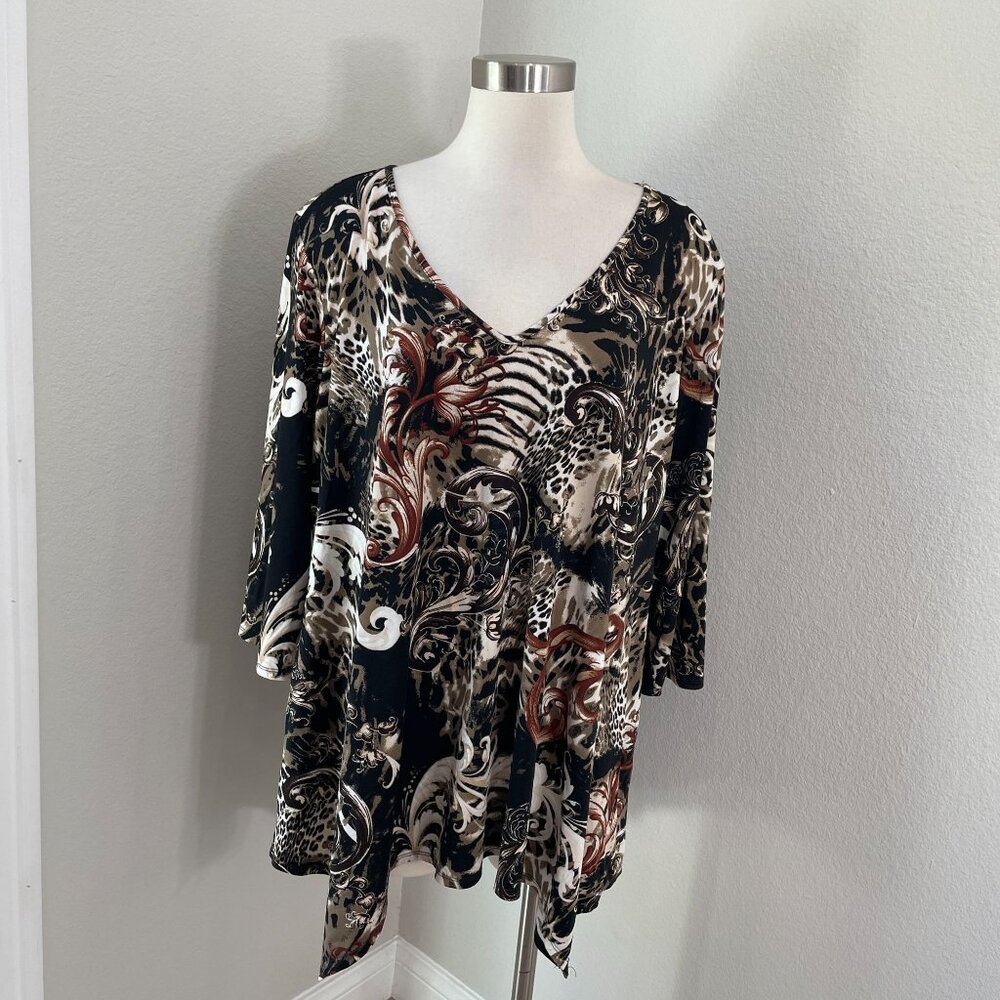 Per Seption Womens‎ Plus 3X Tunic Top Animal Print Asymmetrical Hemline V Neck